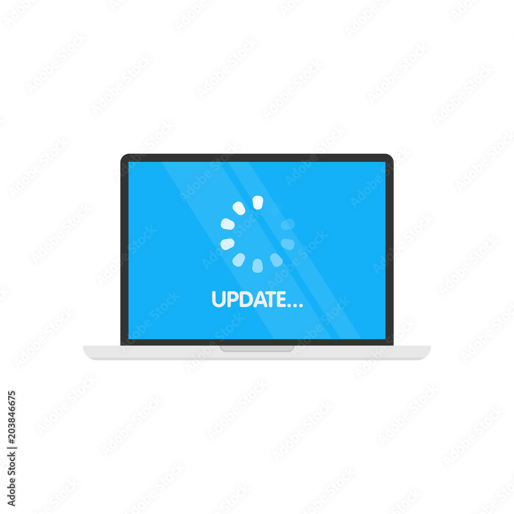 Update System software and upgrade concept. Loading process in laptop screen. Vector illustration. Update System software and upgrade concept. Loading process in laptop screen. Vector illustration.