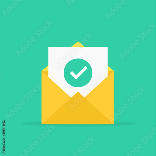 Envelope and document and round green check mark icon. Vector illustration.
