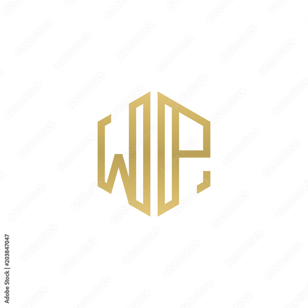 Initial letter WP, minimalist line art hexagon shape logo, gold color Initial letter WP, minimalist line art hexagon shape logo, gold color