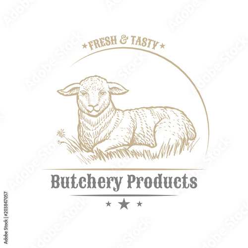 Isolated vintage golden and royal emblem of farm animal. Fresh and tasty lamb meat. Butchery products market. Hand made illustration and lettering. Concept template for branding