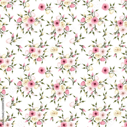 Vector seamless pattern with pink and white lisianthus flowers.