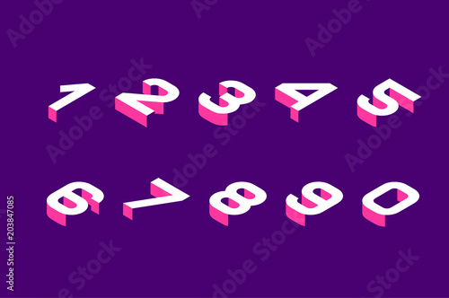Isometric olored numbers 3d. Three-dimensional alphabet. Low poly 3d characters. Vector illustration.