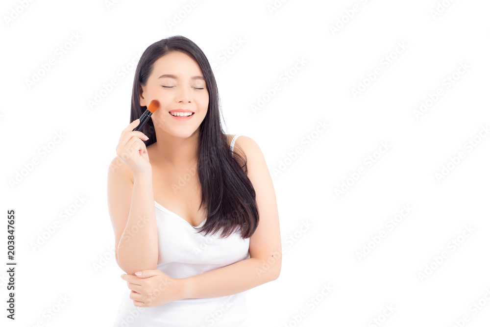 Beauty asian woman applying make up with brush of cheek isolated on white background, beautiful of girl holding blusher, skincare and cosmetic concept. Beauty asian woman applying make up with brush of cheek isolated on white background, beautiful of girl holding blusher, skincare and cosmetic concept.
