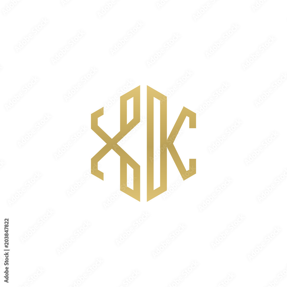 Initial letter XK, minimalist line art hexagon shape logo, gold color Initial letter XK, minimalist line art hexagon shape logo, gold color