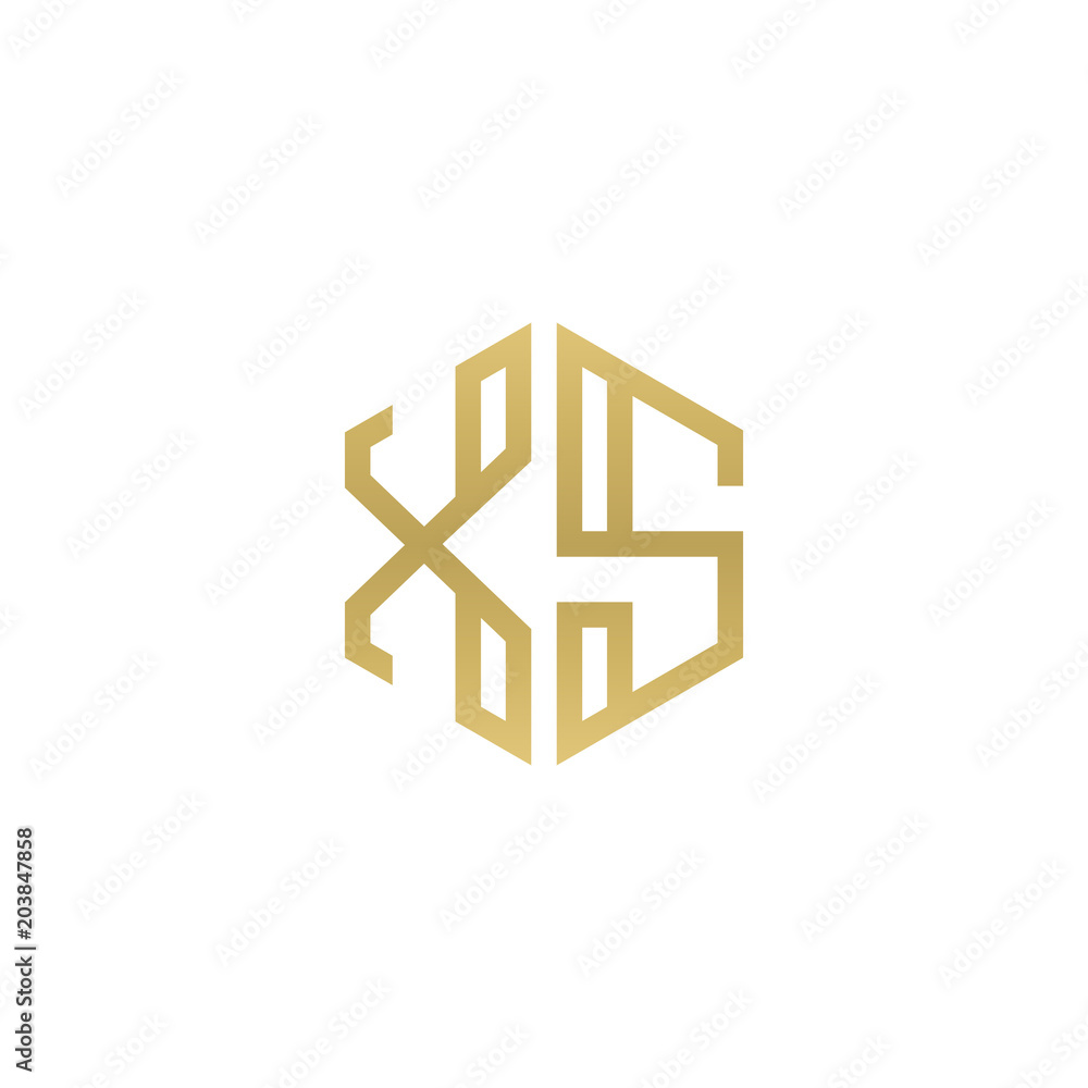 Initial letter XS, minimalist line art hexagon shape logo, gold color