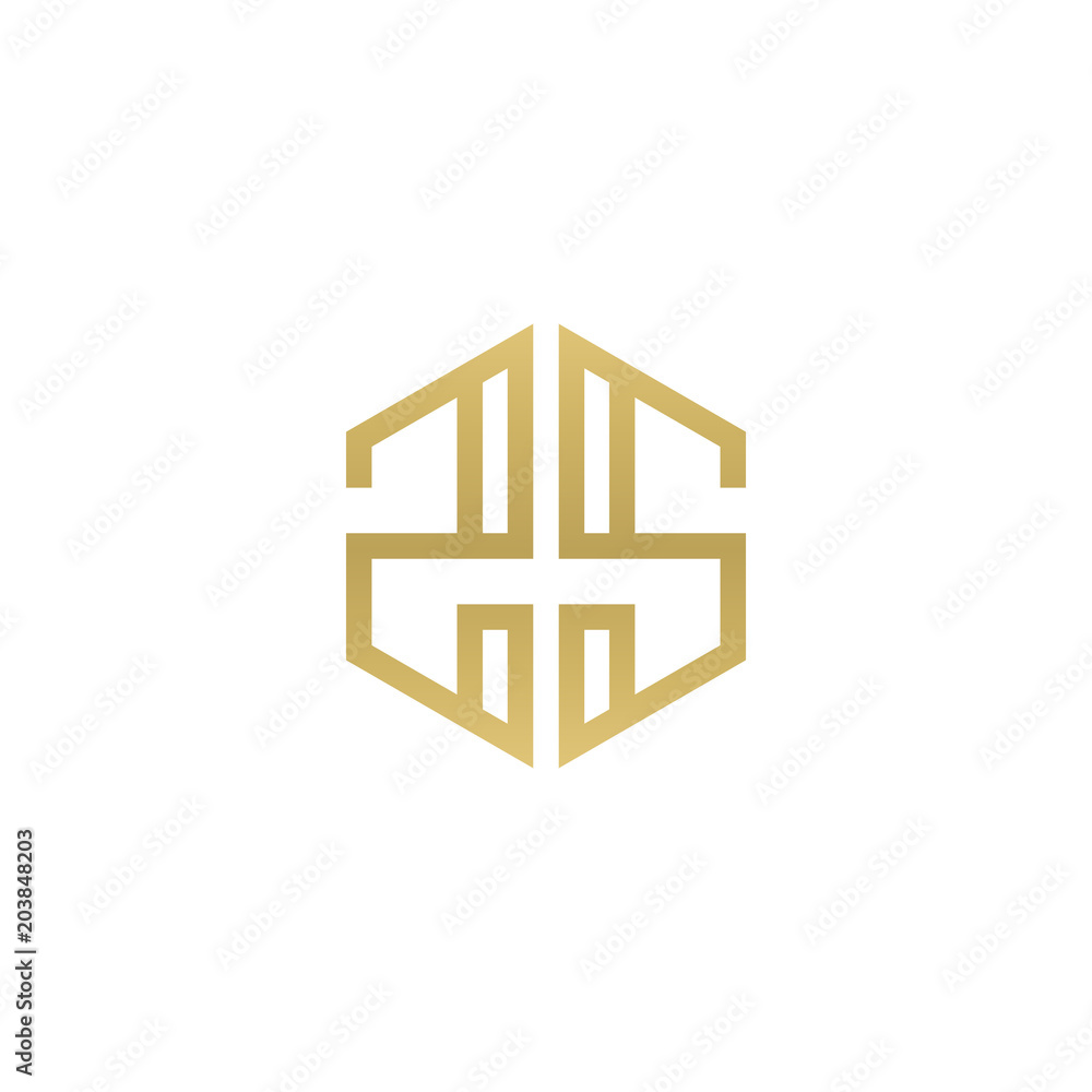 Initial letter ZS, minimalist line art hexagon shape logo, gold color Initial letter ZS, minimalist line art hexagon shape logo, gold color