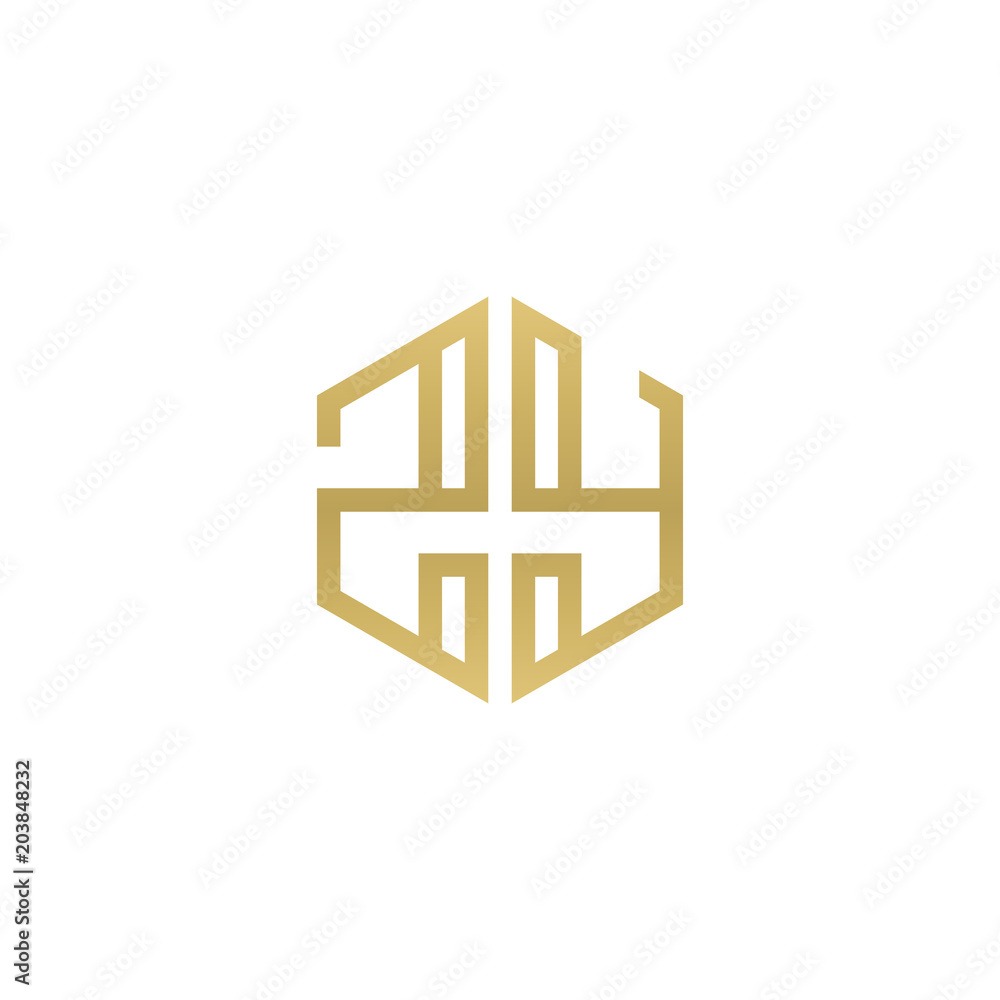 Initial letter ZY, minimalist line art hexagon shape logo, gold color Initial letter ZY, minimalist line art hexagon shape logo, gold color