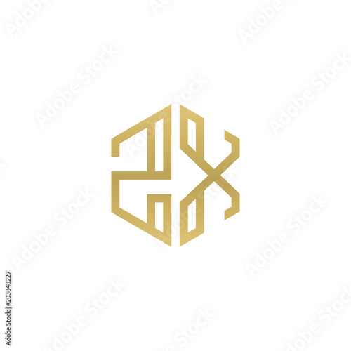 Initial letter ZX, minimalist line art hexagon shape logo, gold color