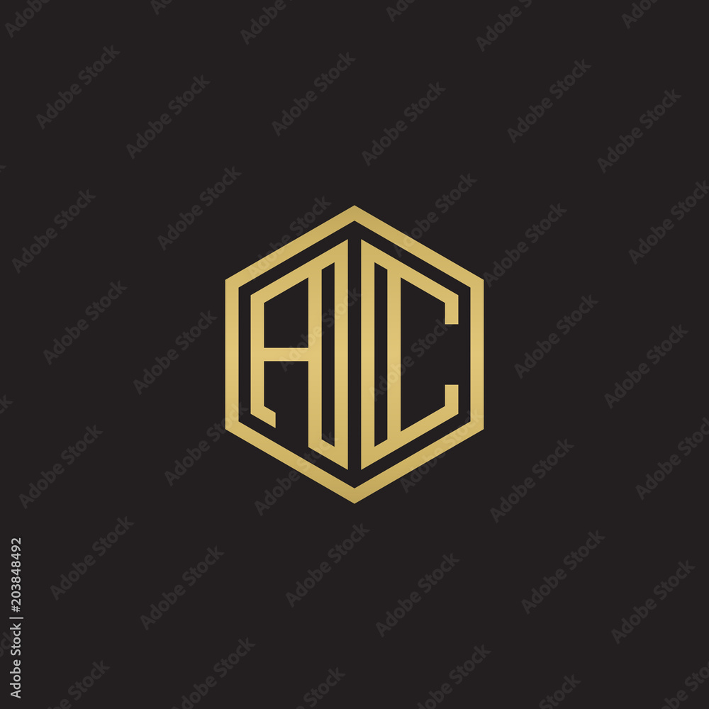 Initial letter AC, minimalist line art hexagon shape logo, gold color ...