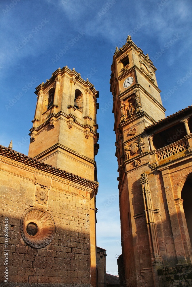 Church towers in Renaissance square in Alcaraz in Castilla La Mancha, Spain