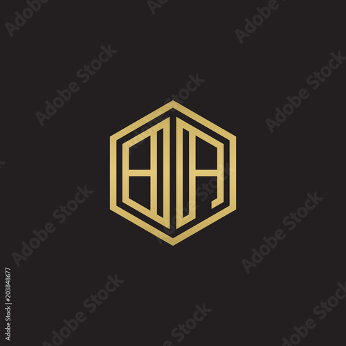 Initial letter BA, minimalist line art hexagon shape logo, gold color on black background