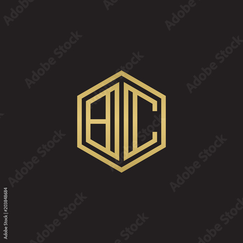 Initial letter BC, minimalist line art hexagon shape logo, gold color on black background