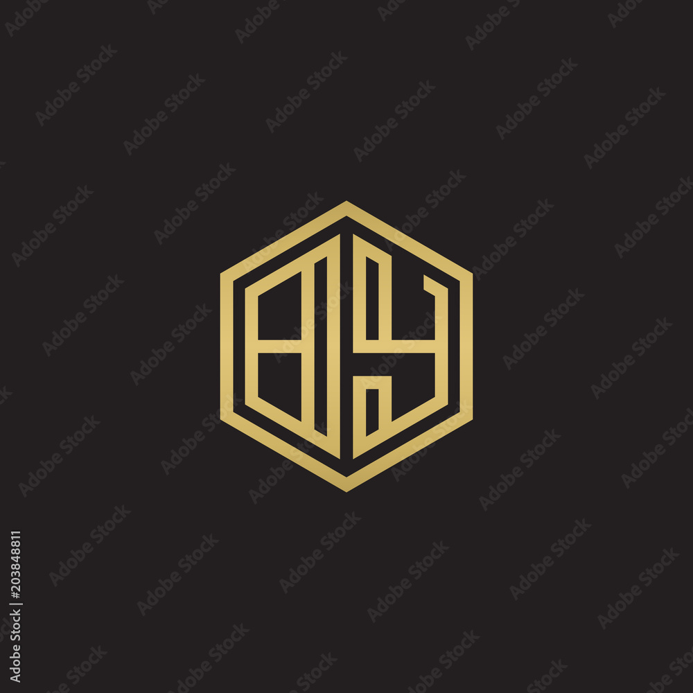 Initial letter BY, minimalist line art hexagon shape logo, gold color on black background Initial letter BY, minimalist line art hexagon shape logo, gold color on black background