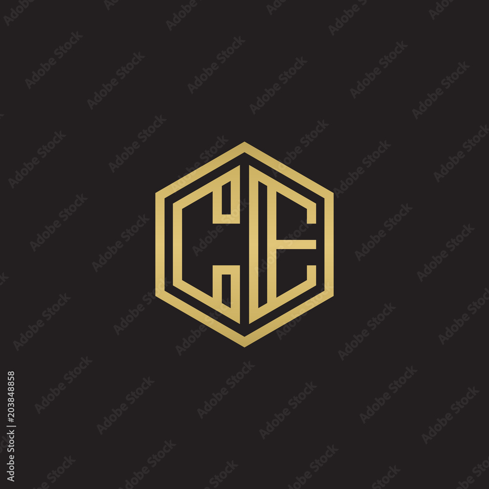 Initial letter CE, minimalist line art hexagon shape logo, gold color on black background Initial letter CE, minimalist line art hexagon shape logo, gold color on black background