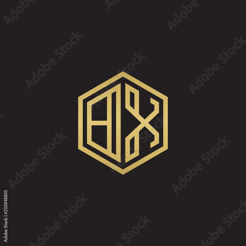 Initial letter BX, minimalist line art hexagon shape logo, gold color on black background