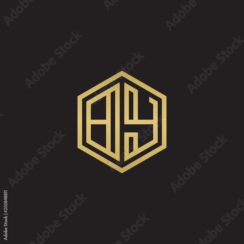 Initial letter BY, minimalist line art hexagon shape logo, gold color on black background