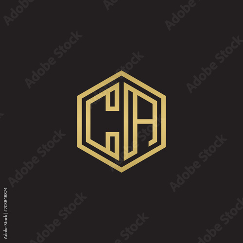 Initial letter CA, minimalist line art hexagon shape logo, gold color on black background