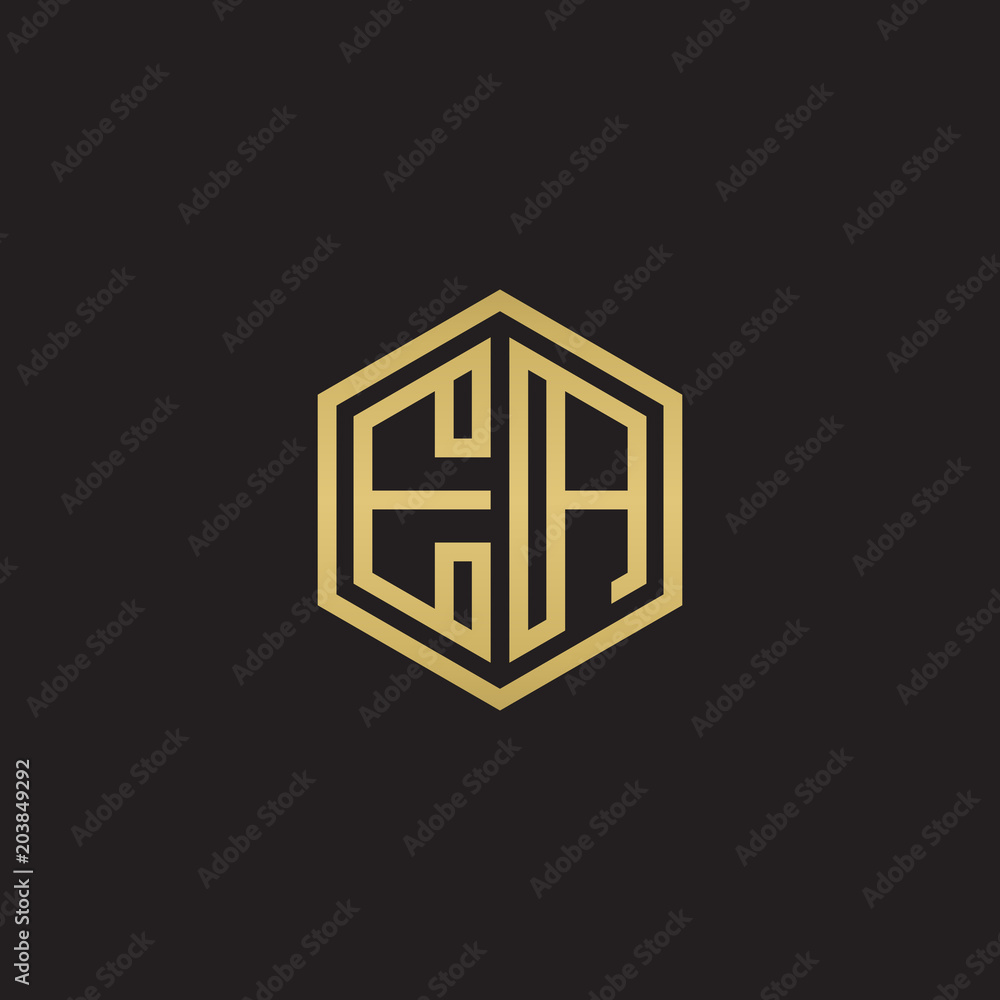Initial letter EA, minimalist line art hexagon shape logo, gold color on black background Initial letter EA, minimalist line art hexagon shape logo, gold color on black background