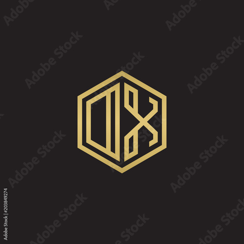 Initial letter DX, OX, minimalist line art hexagon shape logo, gold color on black background