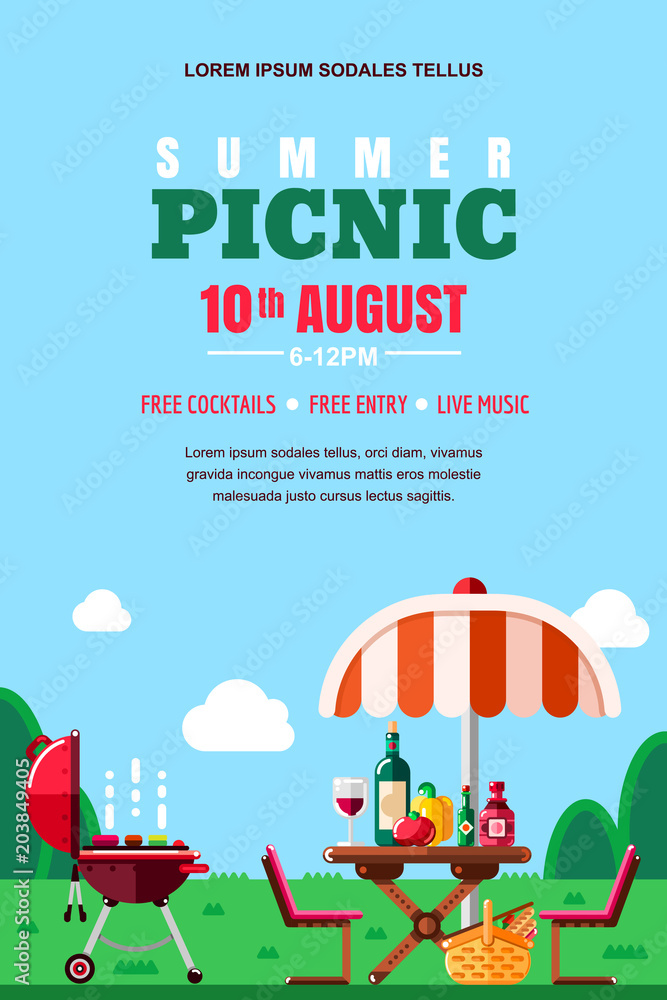 Summer barbecue picnic, vector poster, banner layout. BBQ grill, table