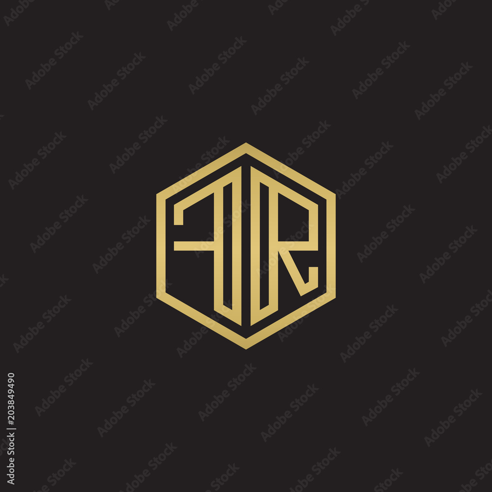 Initial letter FR, minimalist line art hexagon shape logo, gold color on black background Initial letter FR, minimalist line art hexagon shape logo, gold color on black background