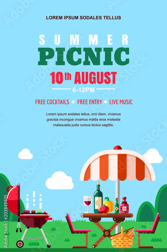 Summer barbecue picnic, vector poster, banner layout. BBQ grill, table with food and wine. Outdoors weekend background.