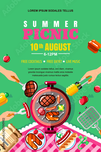 Summer barbecue picnic, vector poster, banner layout. Top view BBQ grill with steak, fish. Human hands with food