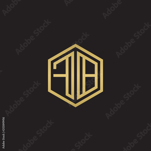 Initial letter FB, minimalist line art hexagon shape logo, gold color on black background