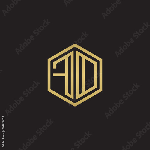 Initial letter FD, FO, minimalist line art hexagon shape logo, gold color on black background