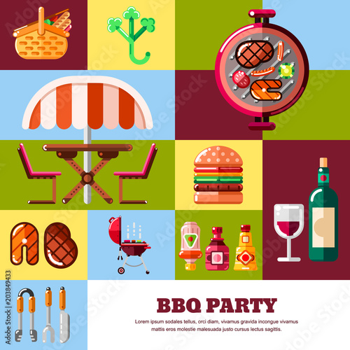 Abstract vector poster or banner template. BBQ and grill illustration. Barbecue food, equipment and tools icons.