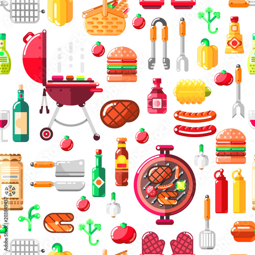 Barbecue grill seamless vector pattern. BBQ food, equipment and tools illustration. Print or package modern flat design