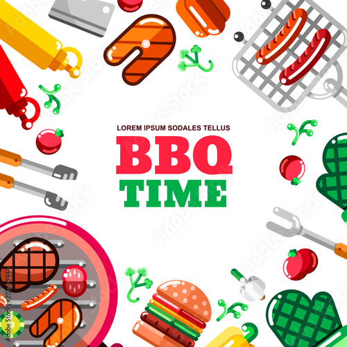Barbecue grill vector frame with white background. BBQ food, equipment and tools illustration. Banner, poster design