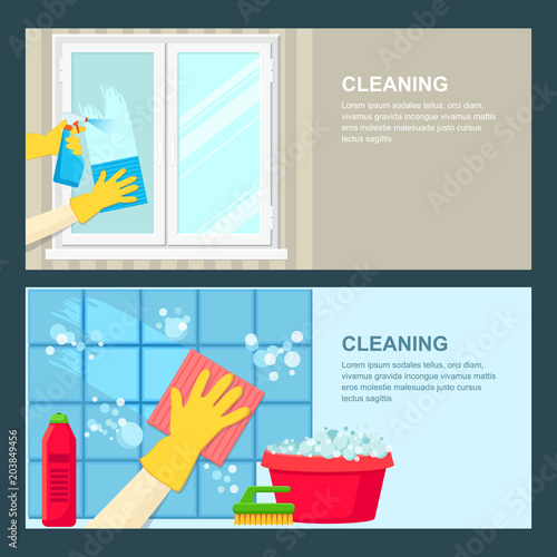 Cleaning service vector banner template. Window and bathroom tiles cleaning. Housework concept