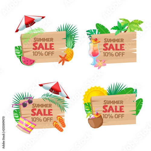Wooden board sale banners. Stickers, badges, labels, tags design template. Vector beach and summer tropical illustration