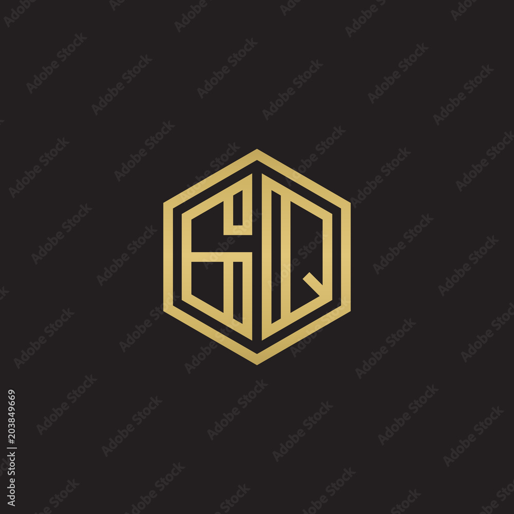 Initial letter GQ, minimalist line art hexagon shape logo, gold color on black background Initial letter GQ, minimalist line art hexagon shape logo, gold color on black background