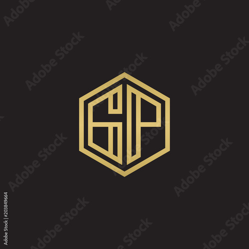 Initial letter GP, minimalist line art hexagon shape logo, gold color on black background