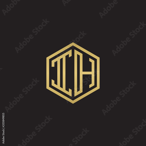 Initial letter IH, minimalist line art hexagon shape logo, gold color on black background