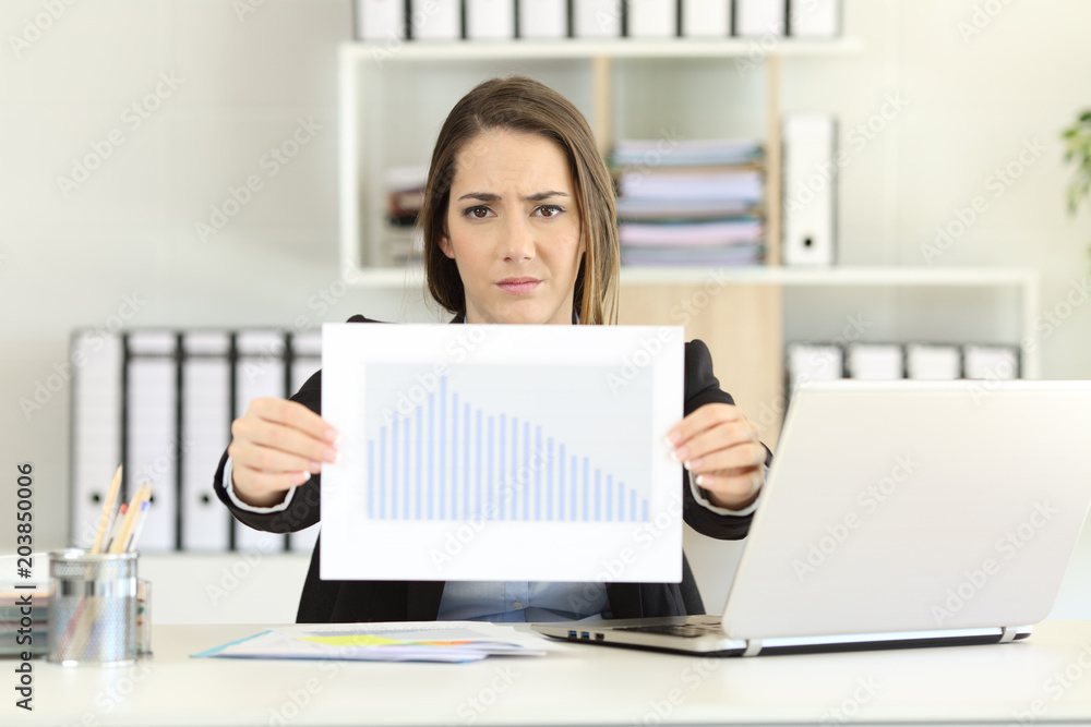Worried executive showing a bad sales results chart Worried executive showing a bad sales results chart