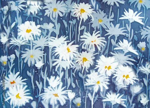 Fototapeta Naklejka Na Ścianę i Meble -  Chamomiles - floral abstraction on blue background, an original modern batik painting on silk