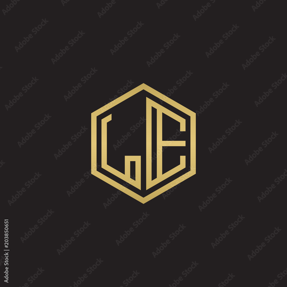 Initial letter LE, minimalist line art hexagon shape logo, gold color on black background Initial letter LE, minimalist line art hexagon shape logo, gold color on black background