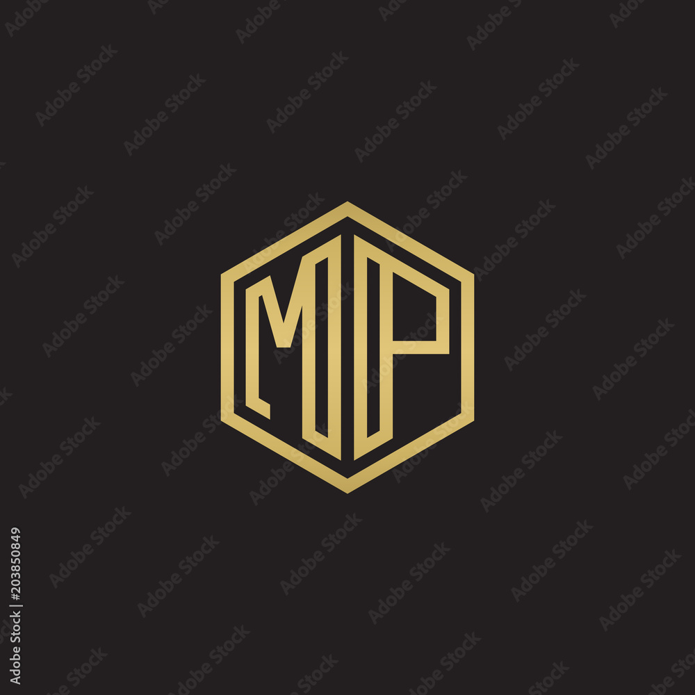Initial letter MP, minimalist line art hexagon shape logo, gold color on black background Initial letter MP, minimalist line art hexagon shape logo, gold color on black background