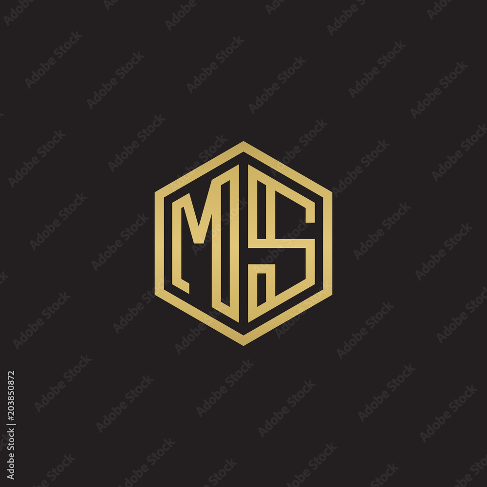 Initial letter MS, minimalist line art hexagon shape logo, gold color on black background Initial letter MS, minimalist line art hexagon shape logo, gold color on black background