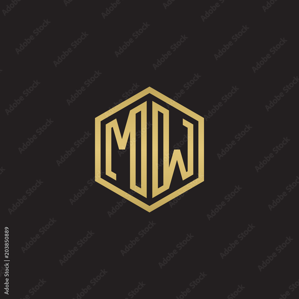 Initial letter MW, minimalist line art hexagon shape logo, gold color on black background Initial letter MW, minimalist line art hexagon shape logo, gold color on black background