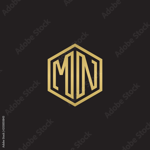 Initial letter MN, minimalist line art hexagon shape logo, gold color on black background