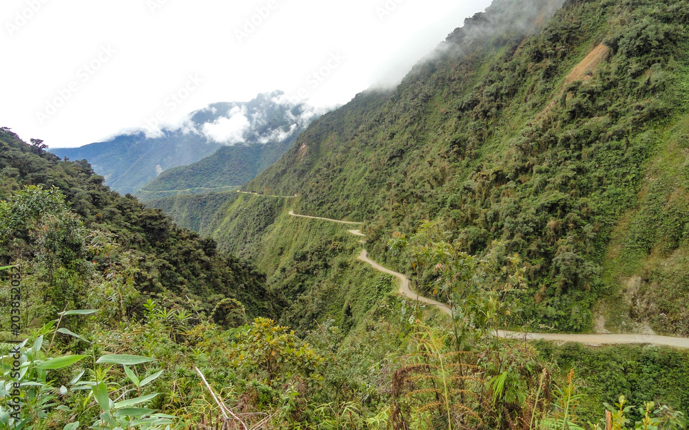The Death Road, a popular path for mountain biking tourists between La Paz and Coroico, Bolivia
