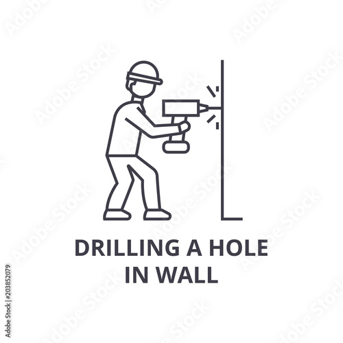 drilling a hole in wall vector line icon, sign, illustration on white background, editable strokes