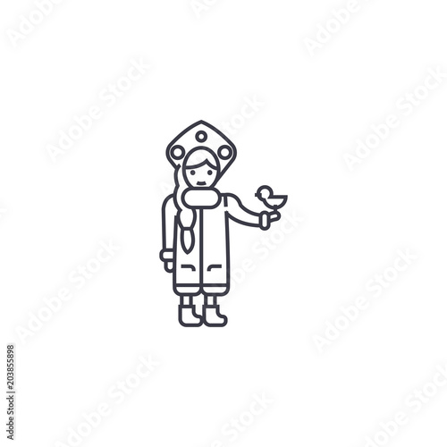 snow maiden with a bird vector line icon, sign, illustration on white background, editable strokes