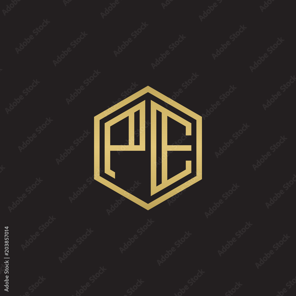 Initial letter PE, minimalist line art hexagon shape logo, gold color on black background Initial letter PE, minimalist line art hexagon shape logo, gold color on black background
