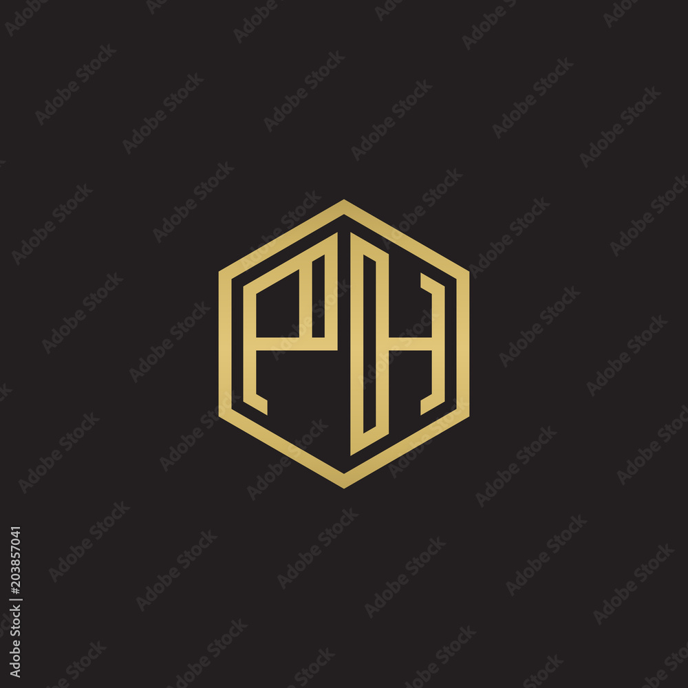 Initial letter PH, minimalist line art hexagon shape logo, gold color on black background Initial letter PH, minimalist line art hexagon shape logo, gold color on black background