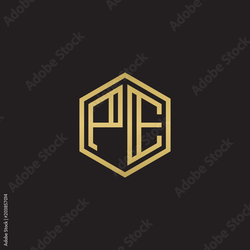 Initial letter PE, minimalist line art hexagon shape logo, gold color on black background